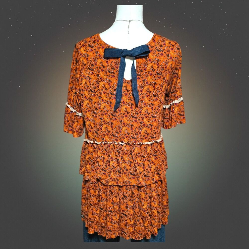 Matilda Jane Wmns S Orange Floral Boho Tiered Ruffle Dress Cottagecore
